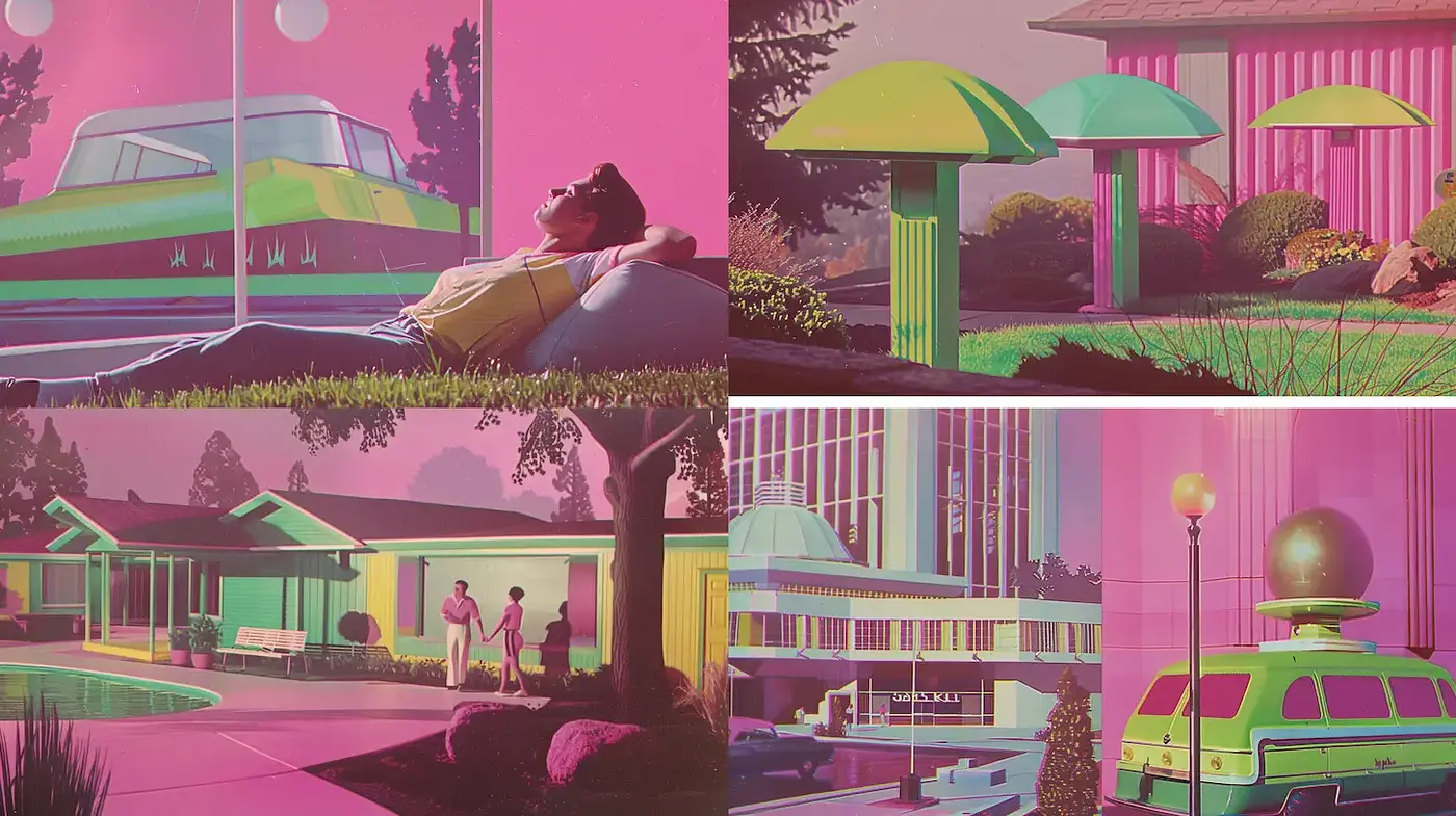 Vibrant retro-futuristic art with surreal architectural elements - Midjourney sref style