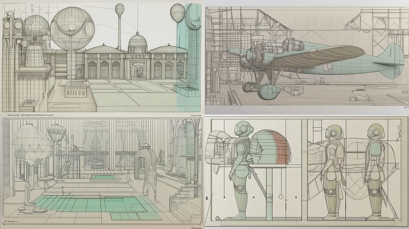 Intricately Detailed Architectural and Mechanical Designs with a Vintage Aesthetic - Midjourney sref style