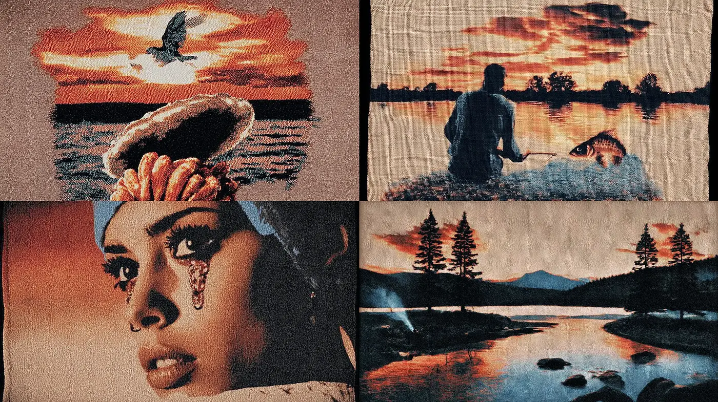 Dramatic and emotive tapestry-inspired imagery with a vibrant, surreal essence - Midjourney sref style