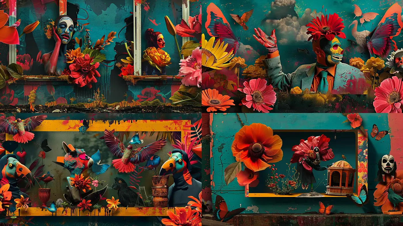 Surreal Botanical Carnival: A Lush, Vibrant Fusion of Florals and Festivity - Midjourney sref style