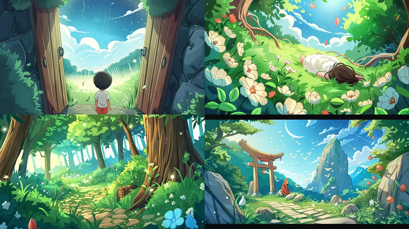 Whimsical Nature's Embrace: A Homage to Vibrant Anime Landscapes - Midjourney sref style