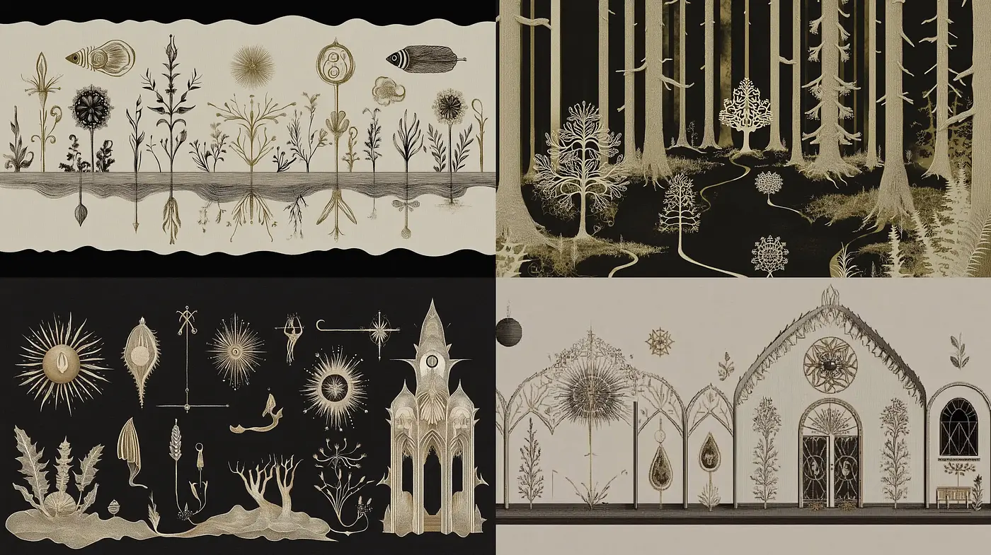 Whimsical Monochrome Botanical and Architectural Fusion - Midjourney sref style