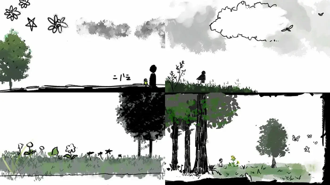 Whimsical Minimalism with Nature Motifs in Monochrome and Green Hues - Midjourney sref style