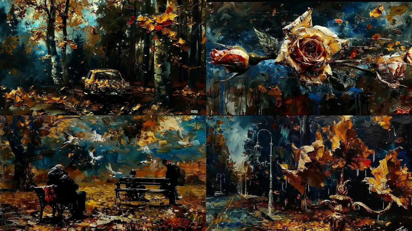 Vibrant and textured autumnal scenes with a nostalgic ambiance - Midjourney sref style