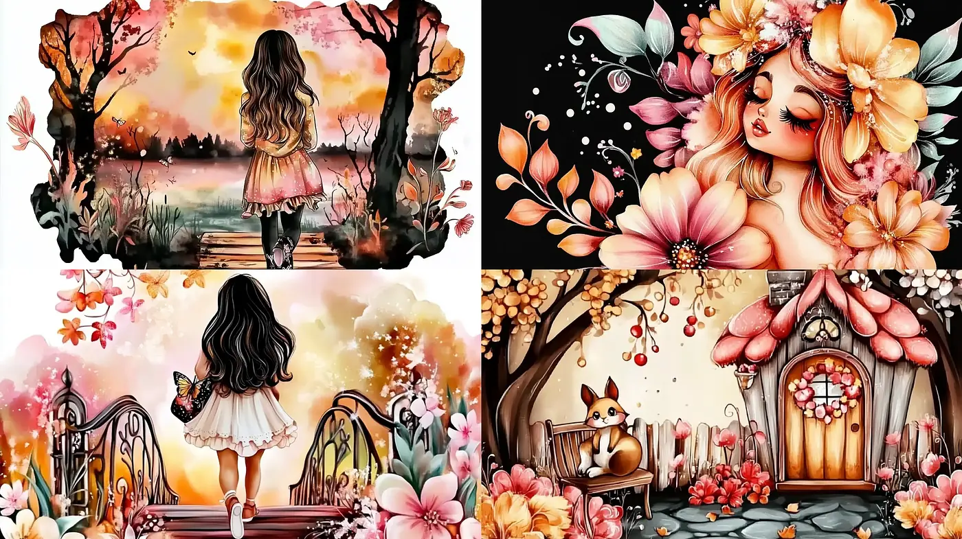 Enchanted Blossom Twilight: A Whimsical Fusion of Florals and Sunset Hues - Midjourney sref style