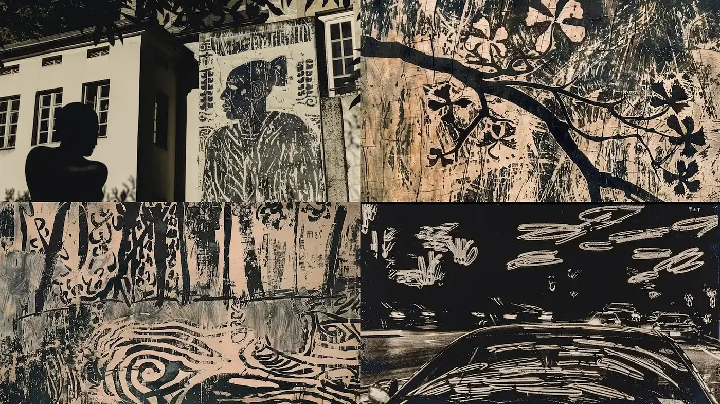 Exploration of Textured Monochrome with Organic Patterns and Retro Appeal - Midjourney sref style