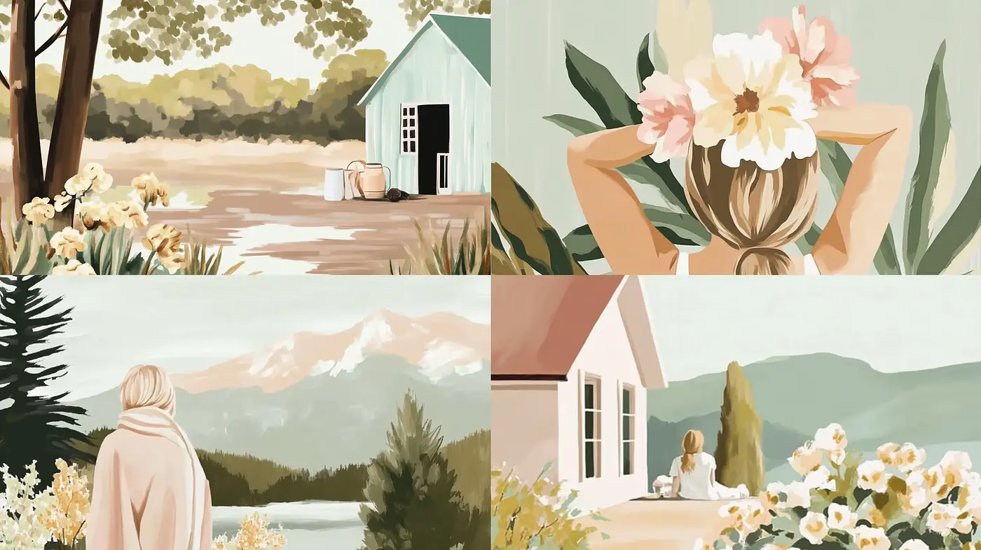 Serene Pastoral Elegance with a Contemporary Illustrative Touch - Midjourney sref style