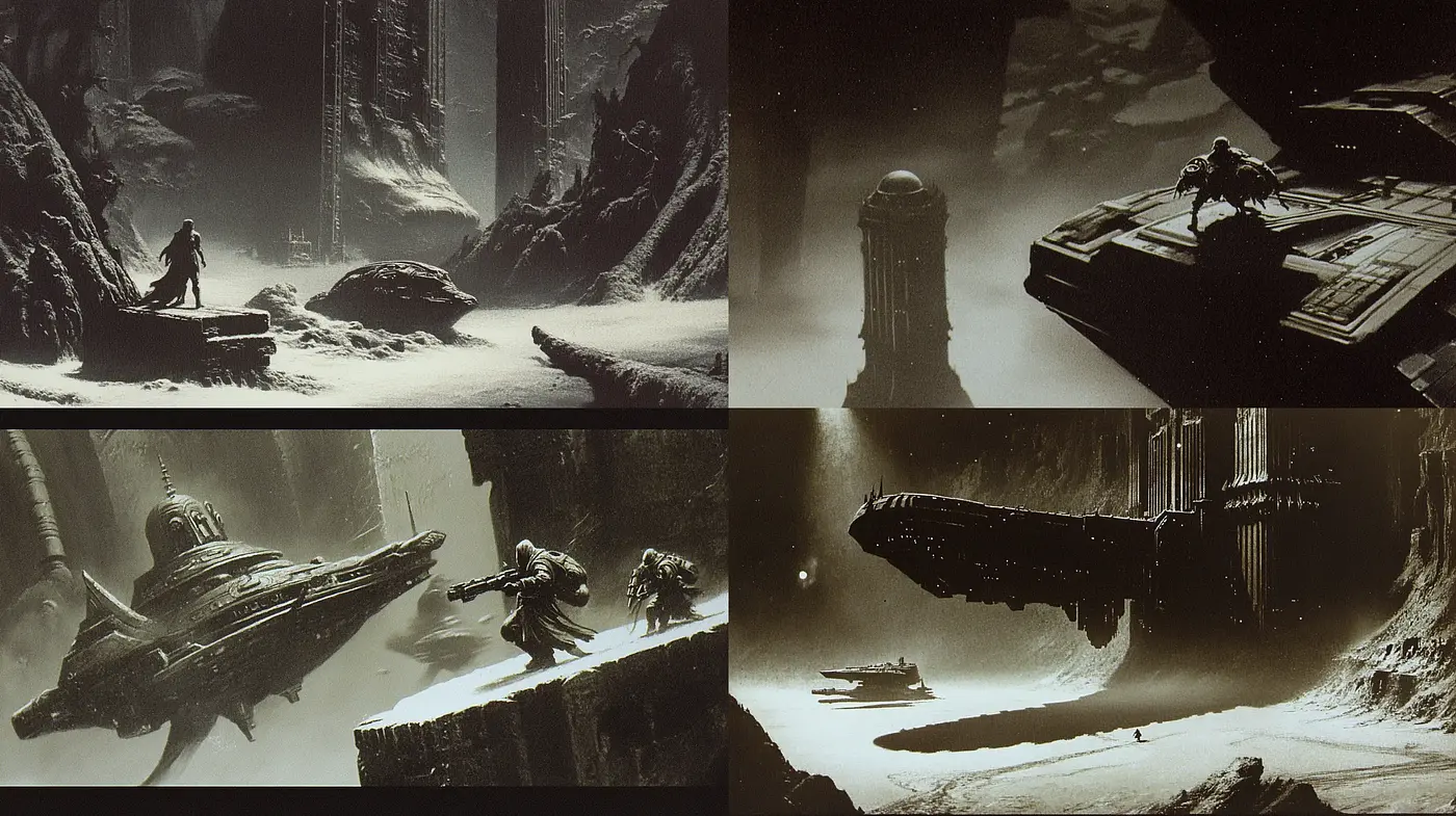 Monochromatic Sci-Fi Concept Art with Atmospheric Depth - Midjourney sref style