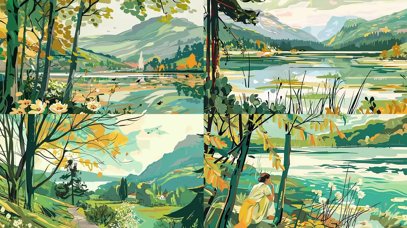 Tranquil Nature Scenes with Vibrant Illustrative Expression - Midjourney sref style