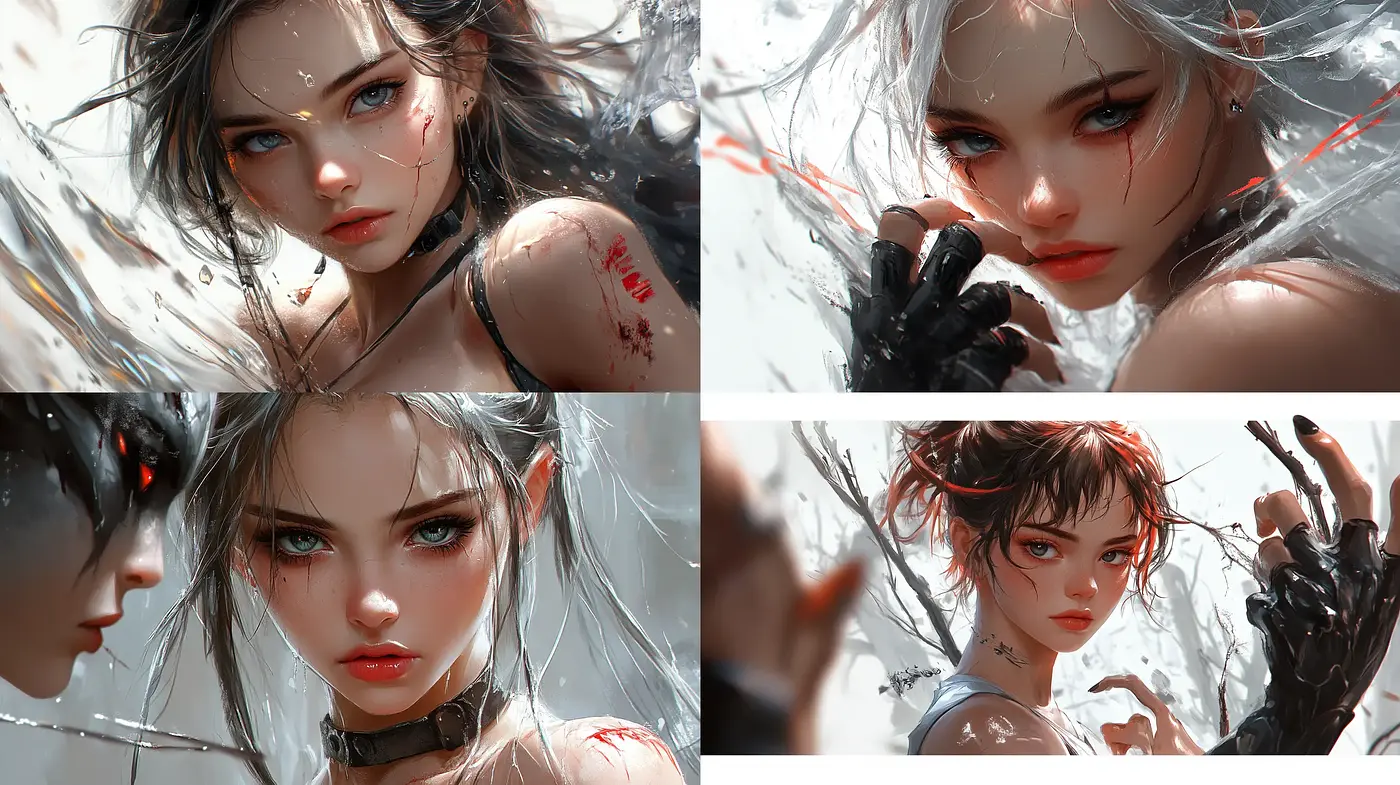 Ethereal Elegance in Grey-scale and Crimson: A Timeless Fantasy Illustration Sequence - Midjourney sref style