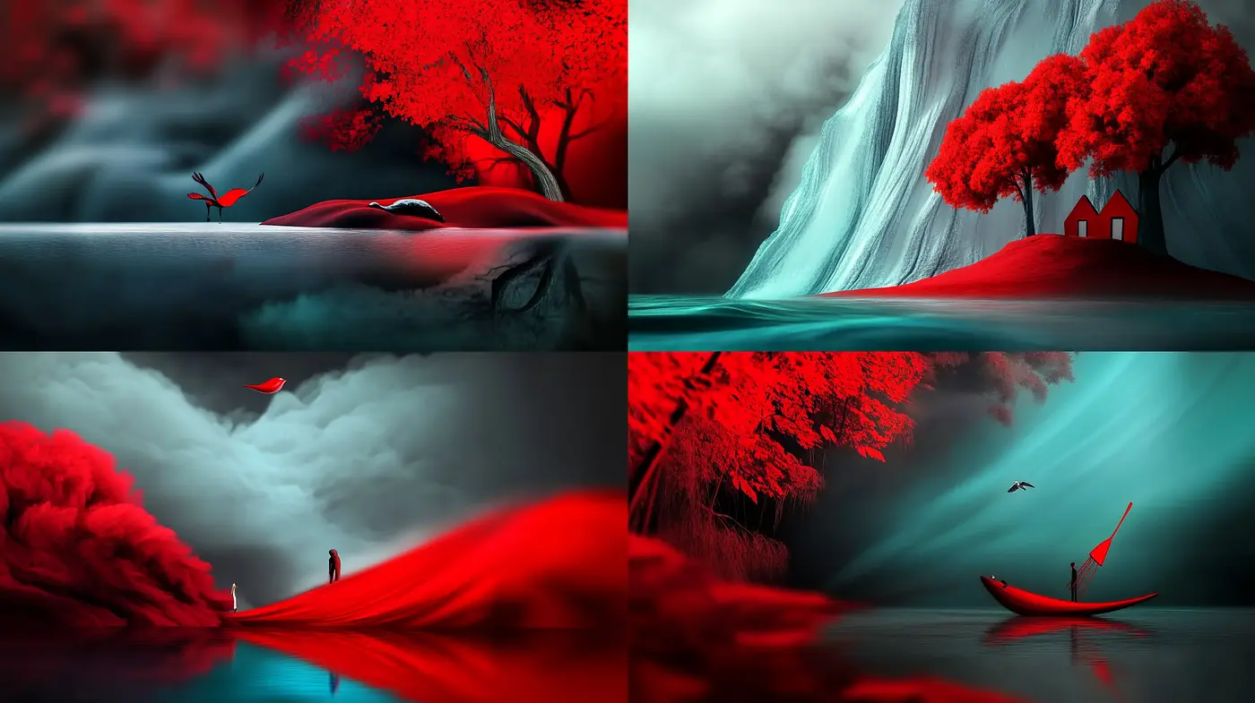 Crimson Dreamscape with Surreal Overtones - Midjourney sref style