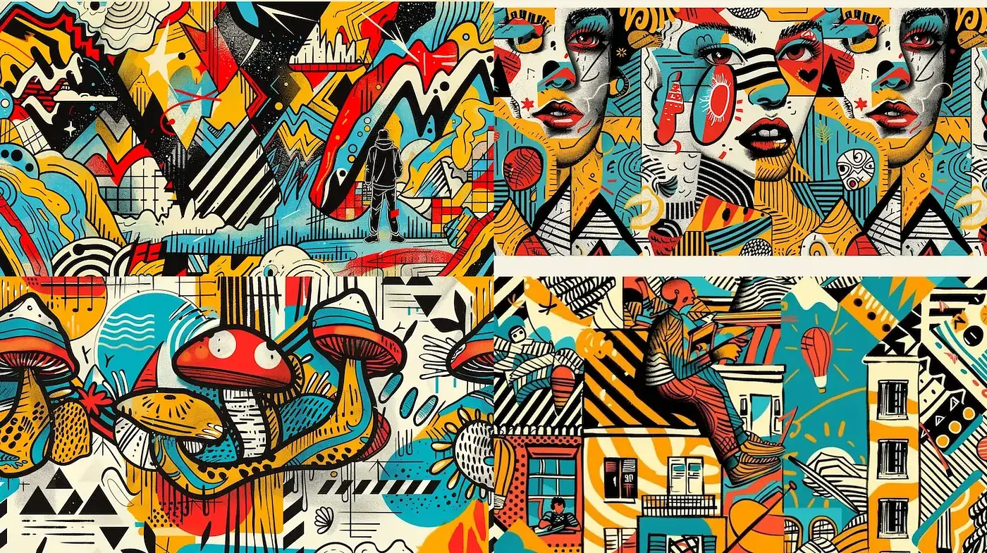 Vibrant and Whimsical Urban Art with Abstract Elements - Midjourney sref style