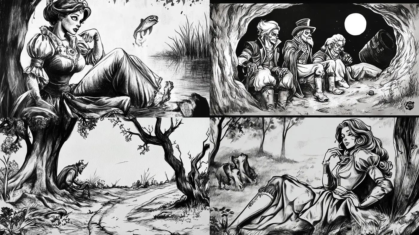 Monochromatic Storybook Illustration Tapestry - Midjourney sref style