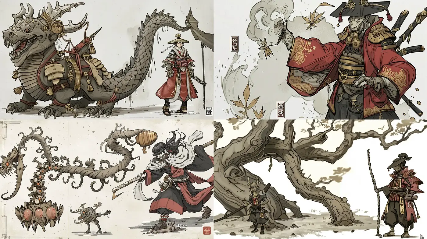 Eastern Mythos in Sepia: A Dynamic Fusion of Traditional Asian Art and Modern Storytelling - Midjourney sref style