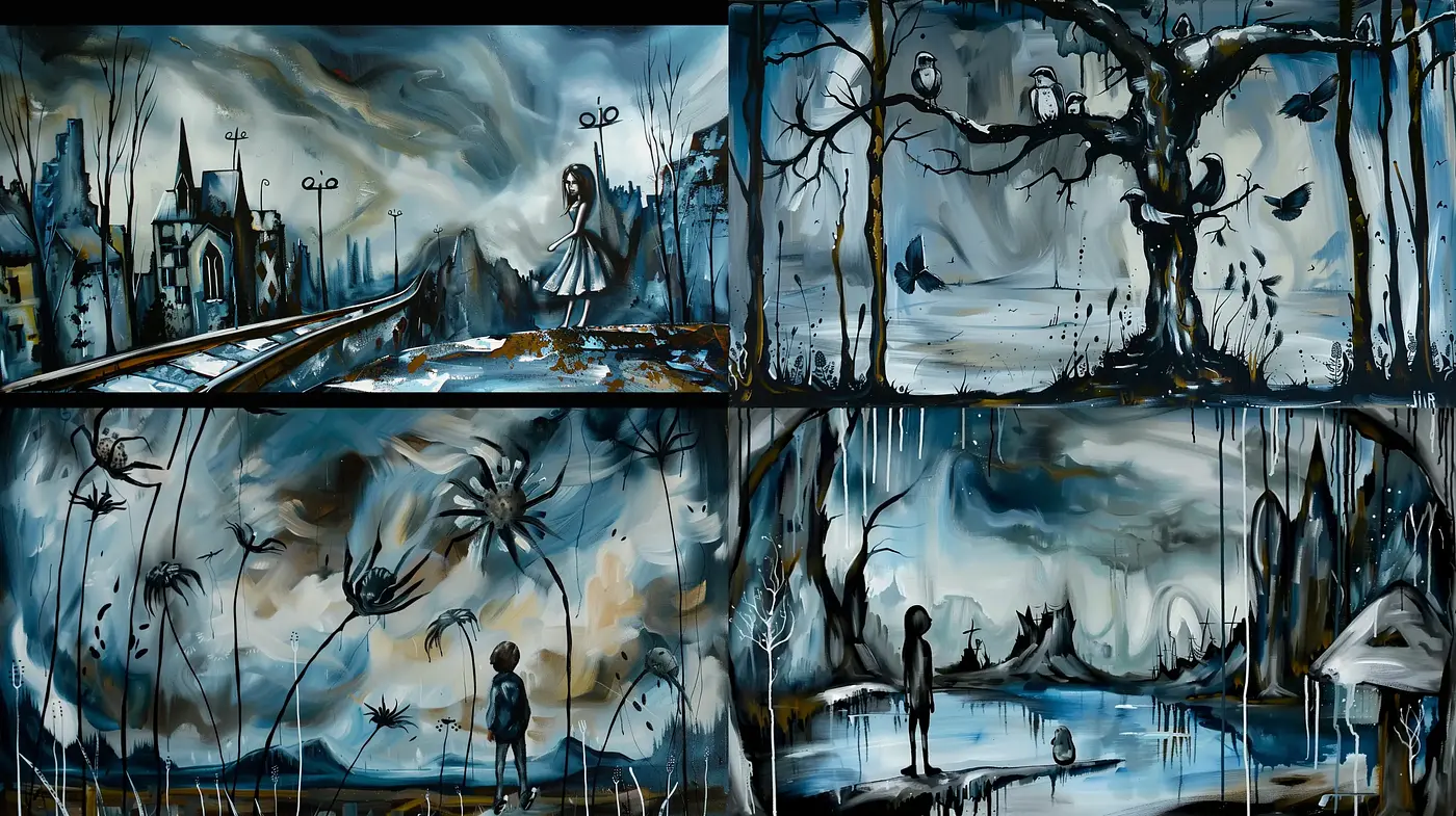 Ethereal Gothic Dreamscape in Monochromatic Hues - Midjourney sref style