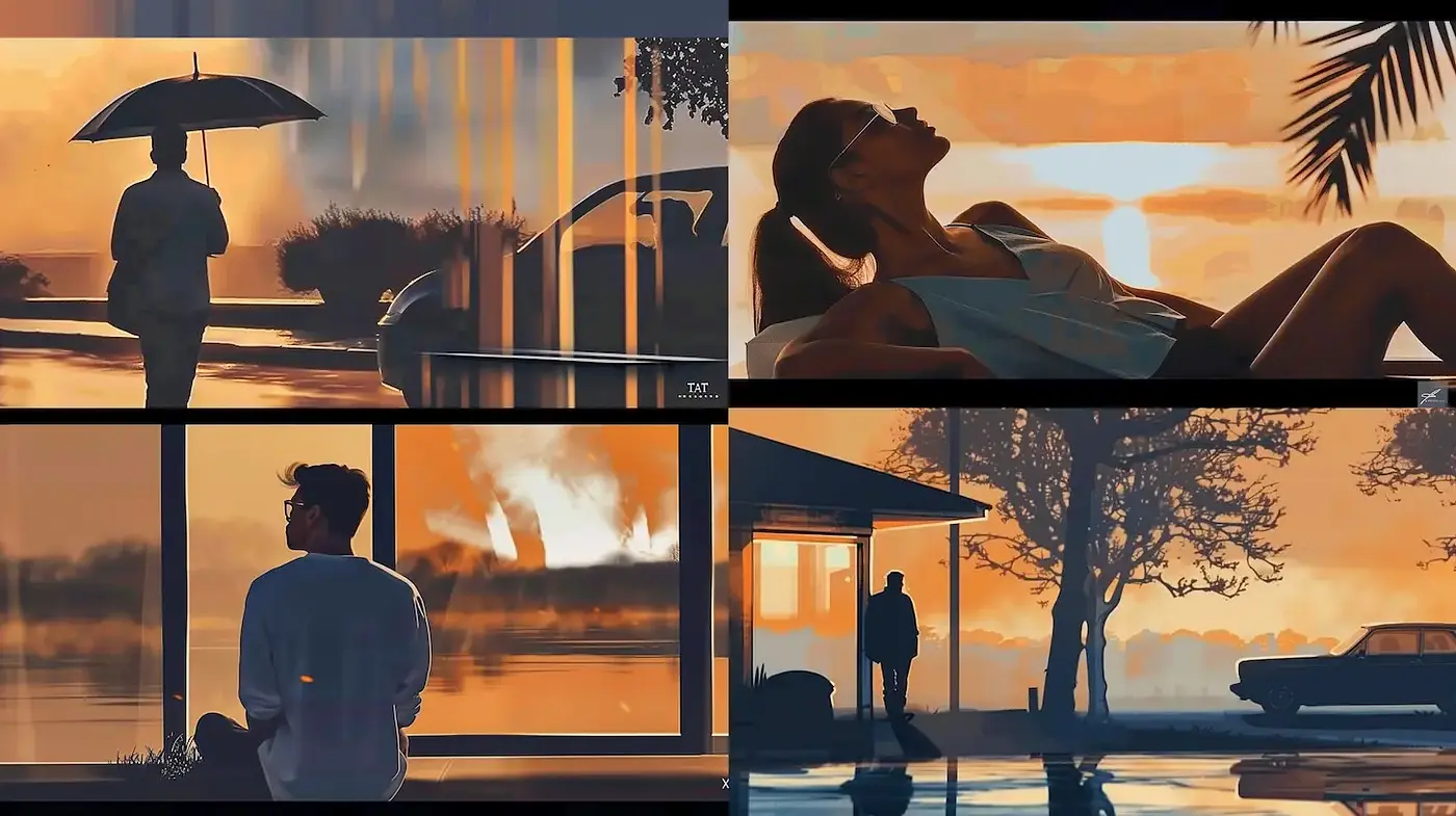 Warm and Dreamy Illustrative Aesthetic Highlighting Scenes of Reflection and Nostalgia - Midjourney sref style