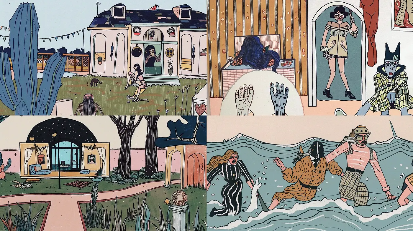 Quirky Narrative Illustration with Graphic Novel Undertones - Midjourney sref style