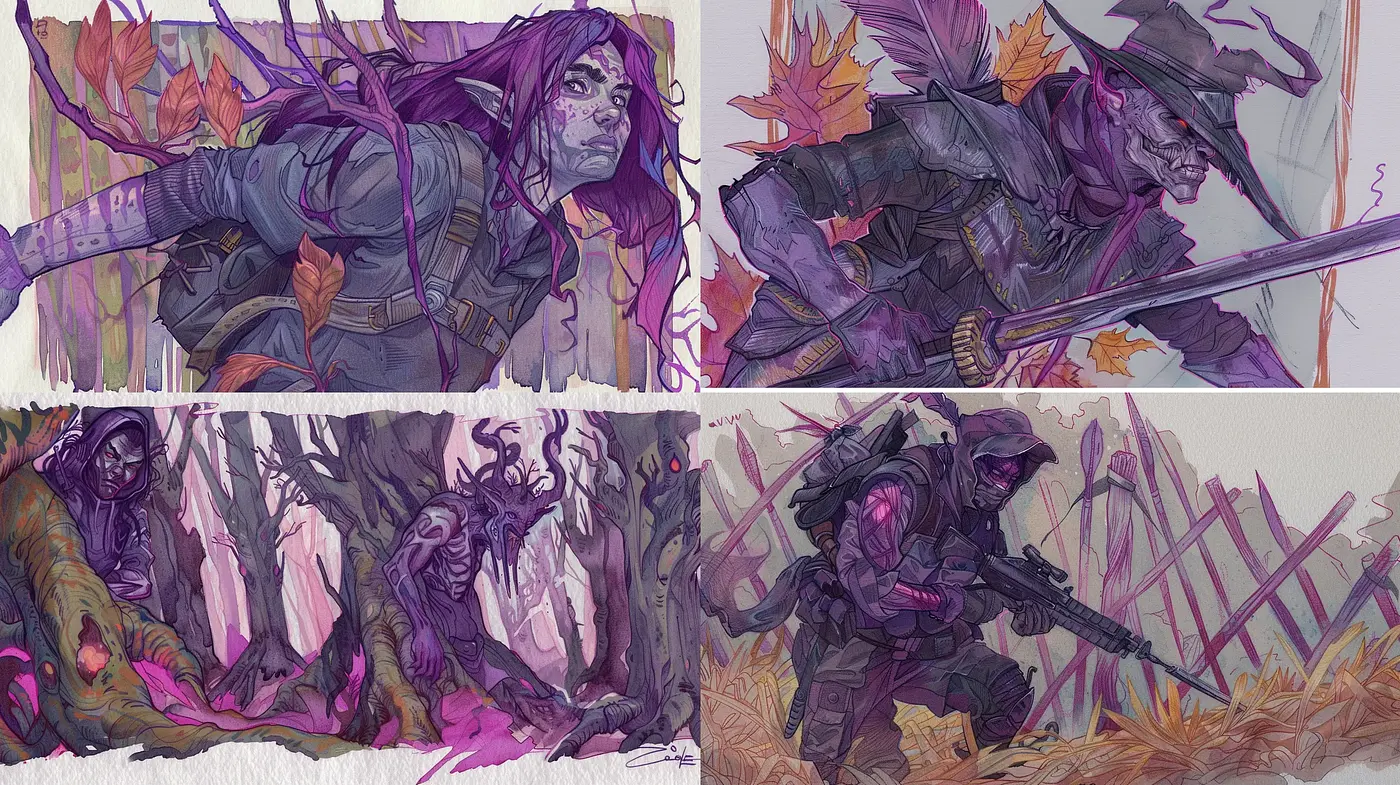 Ethereal Autumn Combat: A Synthesis of Graphite Textures and Dreamy Hues - Midjourney sref style
