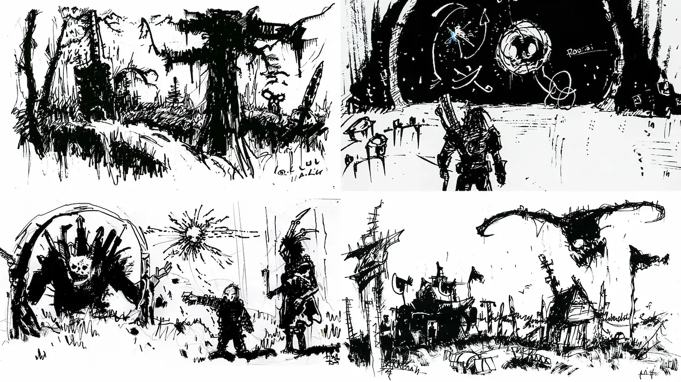 Dramatic and dark ink sketch artistry with whimsical undertones - Midjourney sref style
