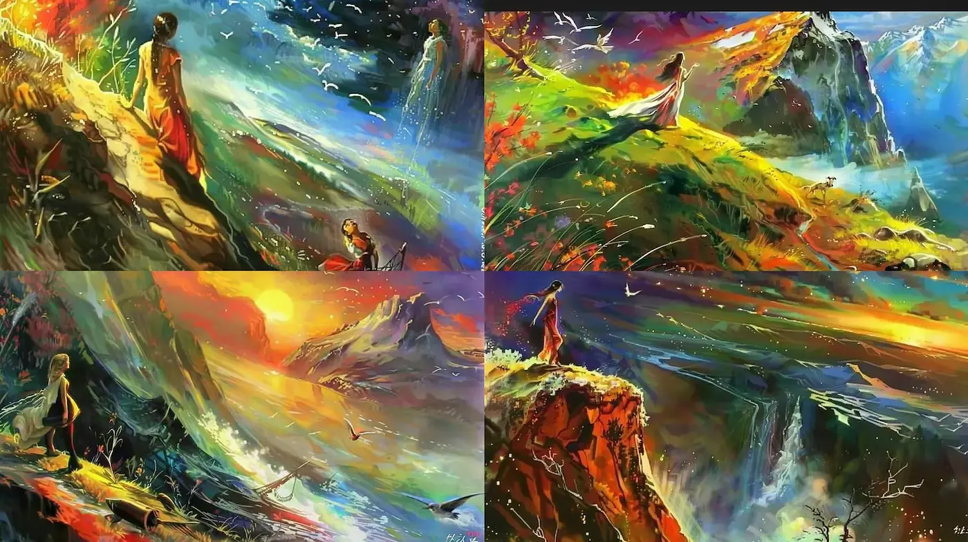 Vividly Dreamlike Landscapes with Ethereal Elements and Strong Color Contrasts - Midjourney sref style