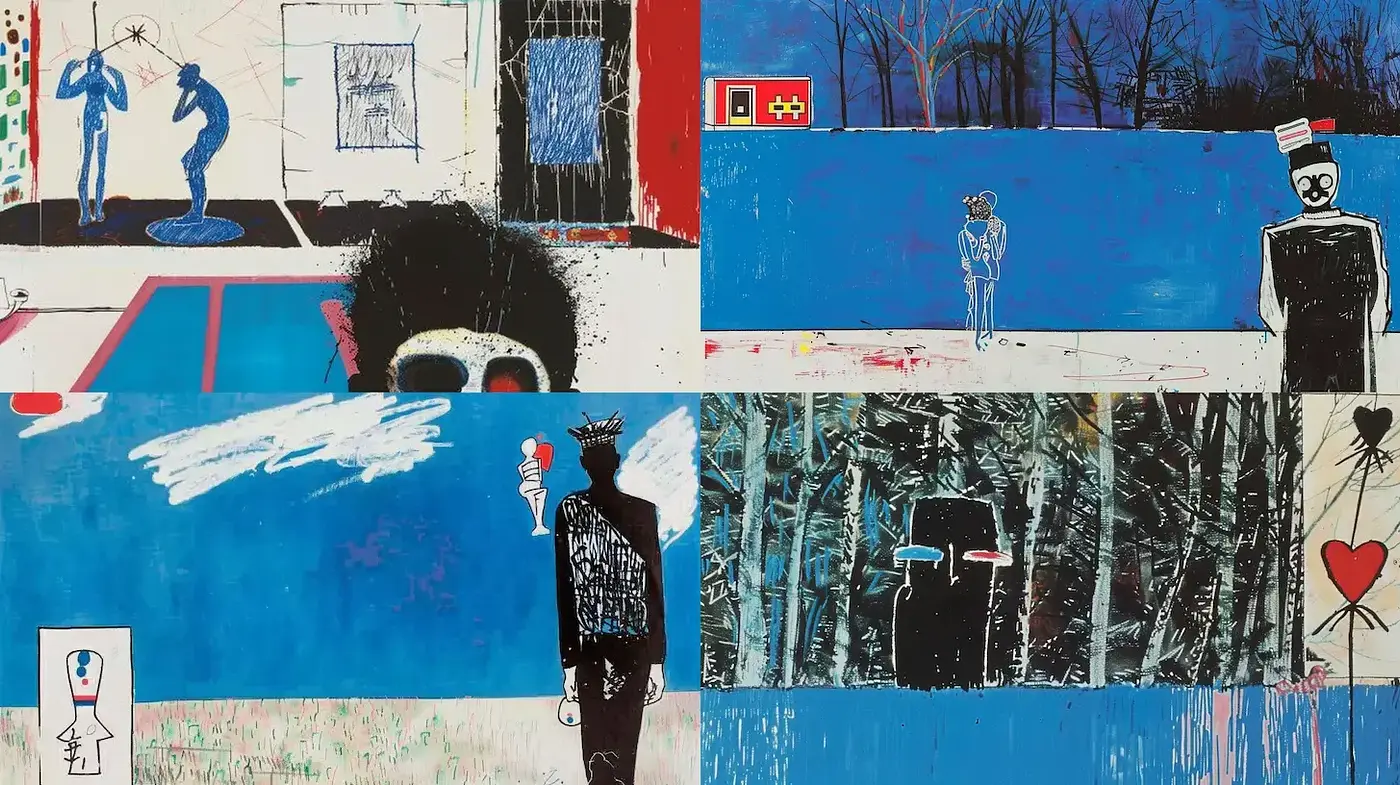 Visually Striking and Emotionally Resonant Abstract Expressionism with Vibrant Blues and Contrasting Elements - Midjourney sref style