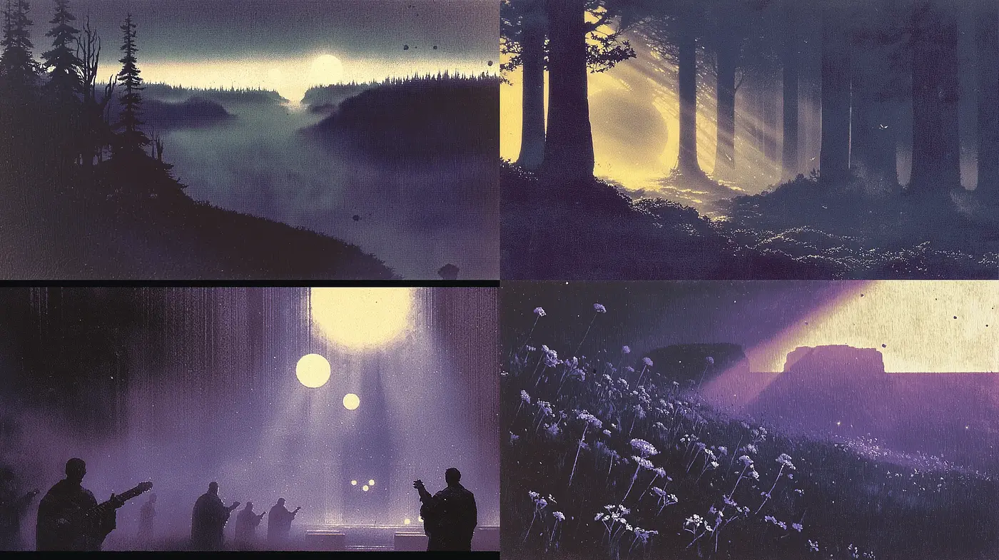 Mystical Twilight Silhouettes with Atmospheric Hues - Midjourney sref style