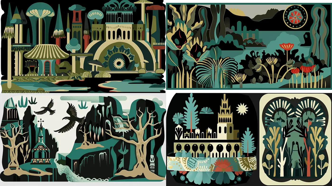 Enigmatic Fantasia Gardens: A Homage to Art Deco Illustrative Mystique - Midjourney sref style