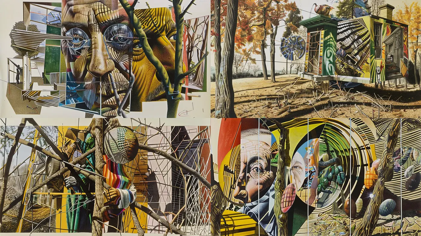 Surreal Fragmented Reality: A Harmonious Blend of Cubism and Photorealism - Midjourney sref style