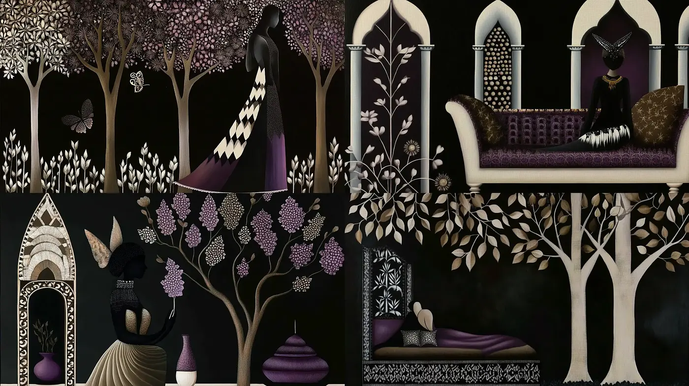 Whimsical Nocturne: A Tapestry of Twilight Silhouettes and Dreamlike Arboreal Elegance - Midjourney sref style
