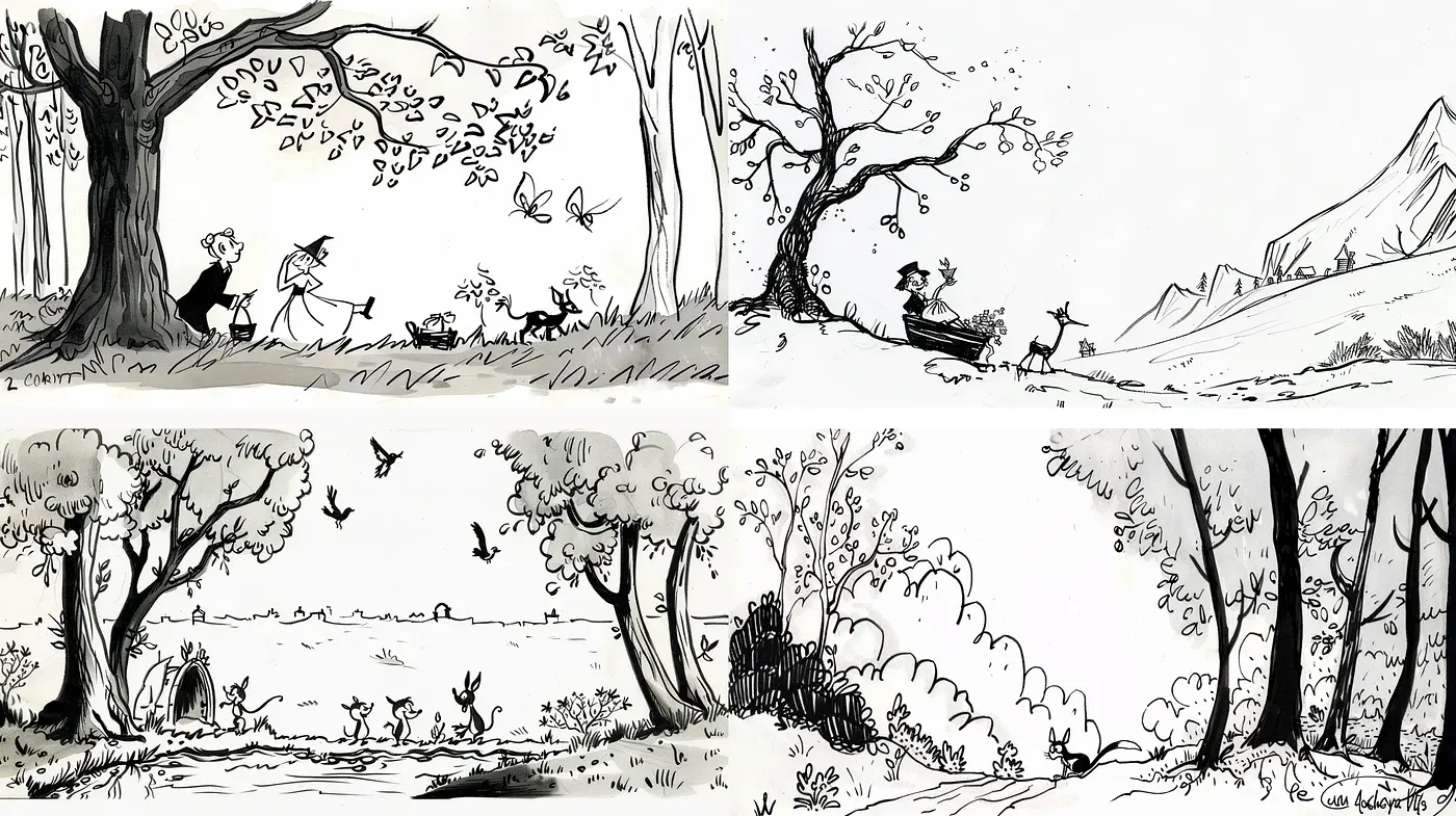 Monochrome Whimsy: Ink-washed Nature Scenes with Storybook Charm - Midjourney sref style