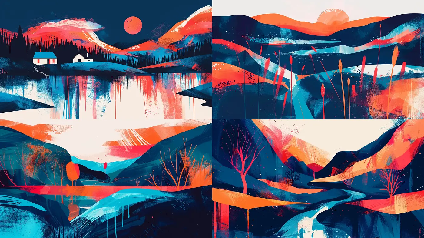 Contemporary Abstract Landscape Interpretations with Bold Chromatic Contrasts - Midjourney sref style