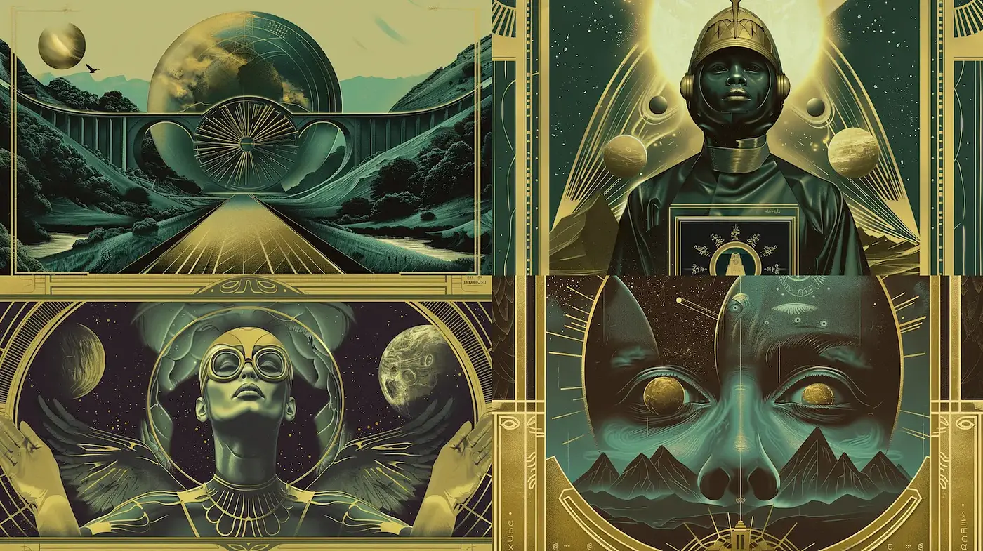 Futuristic Art Deco with Cosmic Themes and Surreal Elements - Midjourney sref style
