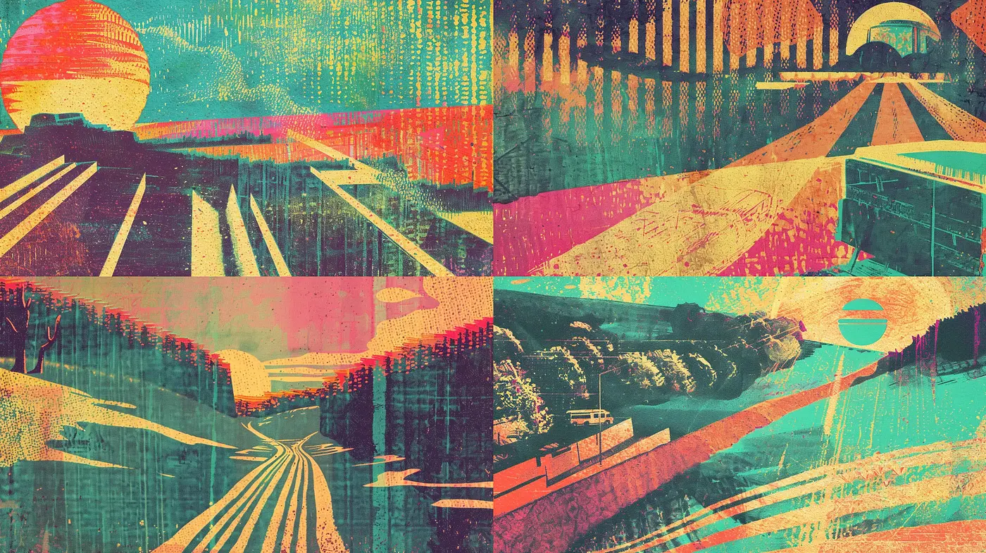 Retro-futuristic Fusion with Textured Overprint Effects - Midjourney sref style