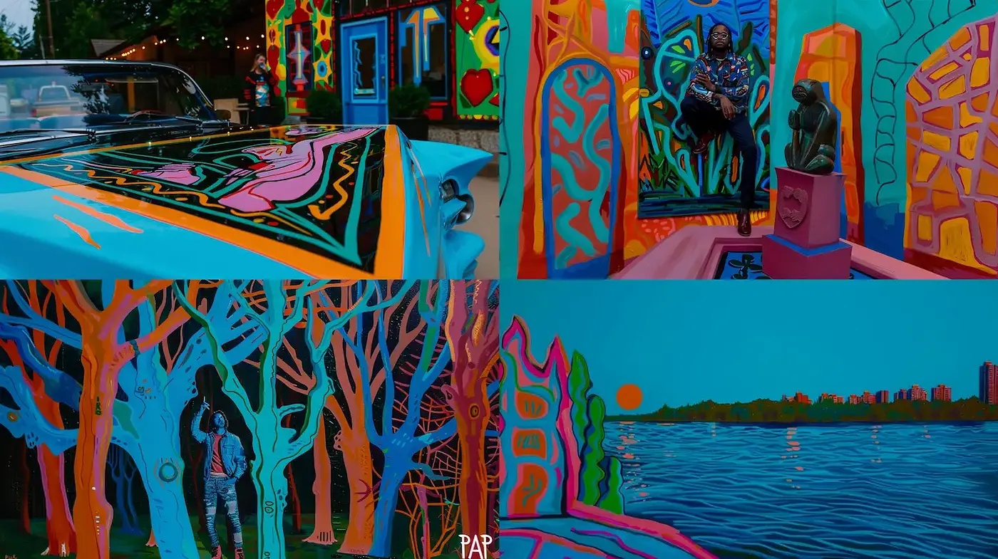 Vibrant urban mural art with interwoven narrative elements - Midjourney sref style