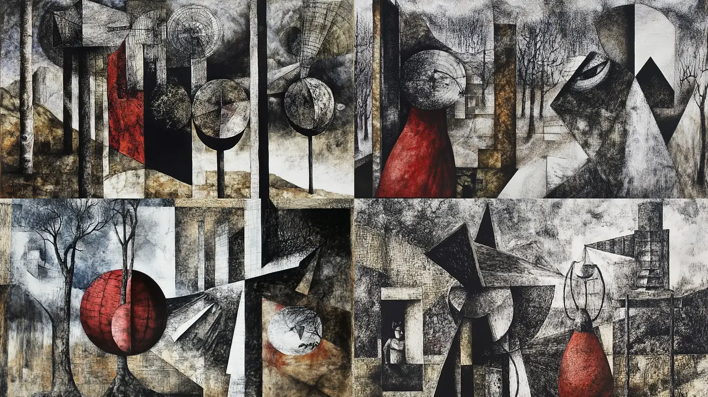 Geometric Abstraction with Grayscale and Crimson Accents - Midjourney sref style