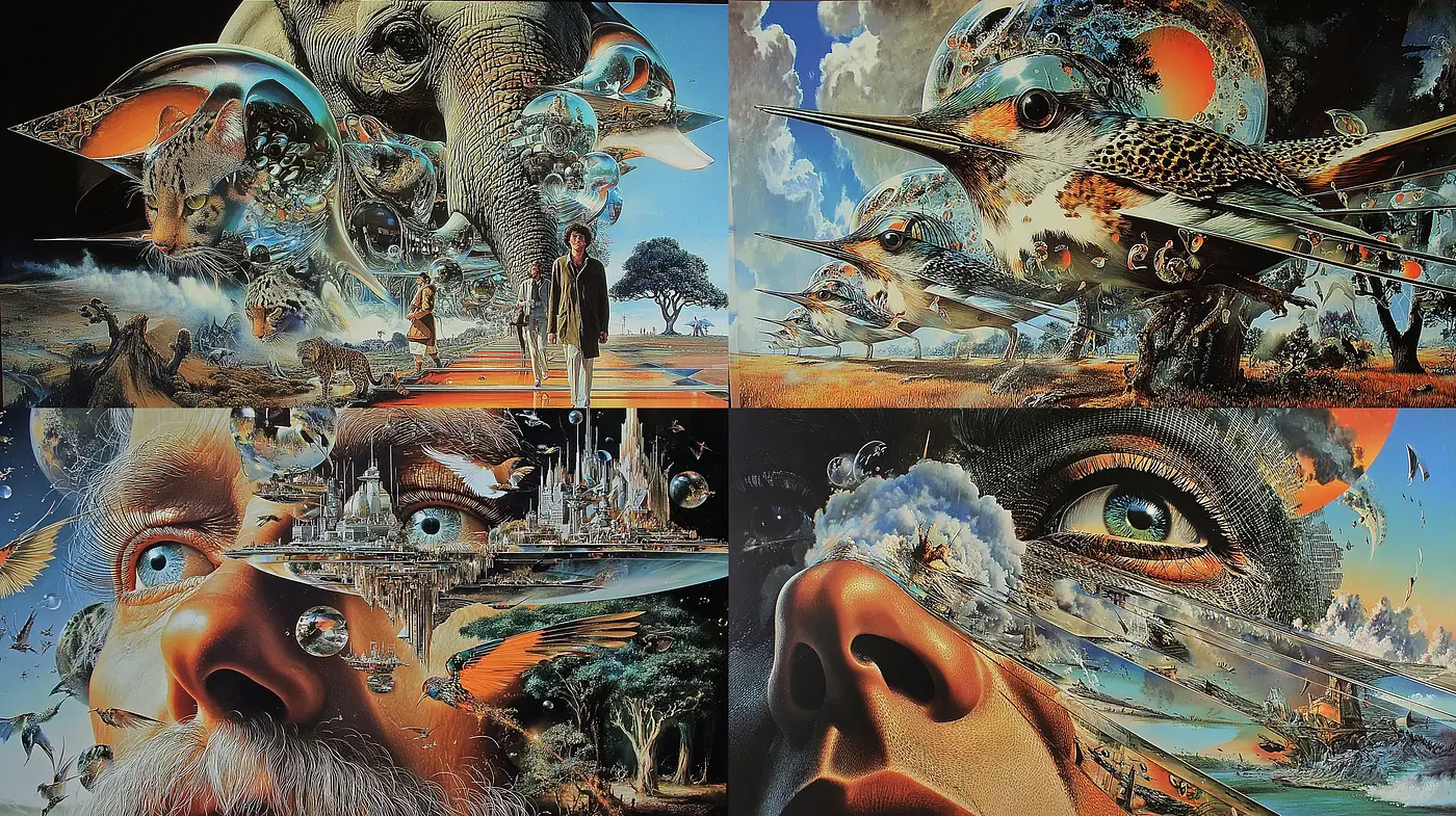 Surrealistic Fusion of Nature and Human Emotion with Vibrant Details - Midjourney sref style