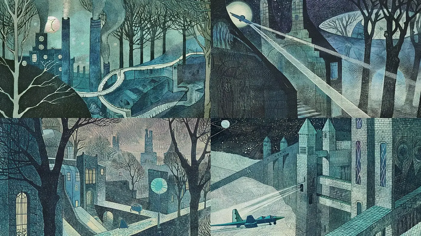 Twilight Mystique of Stylized Urban Dreamscapes - Midjourney sref style