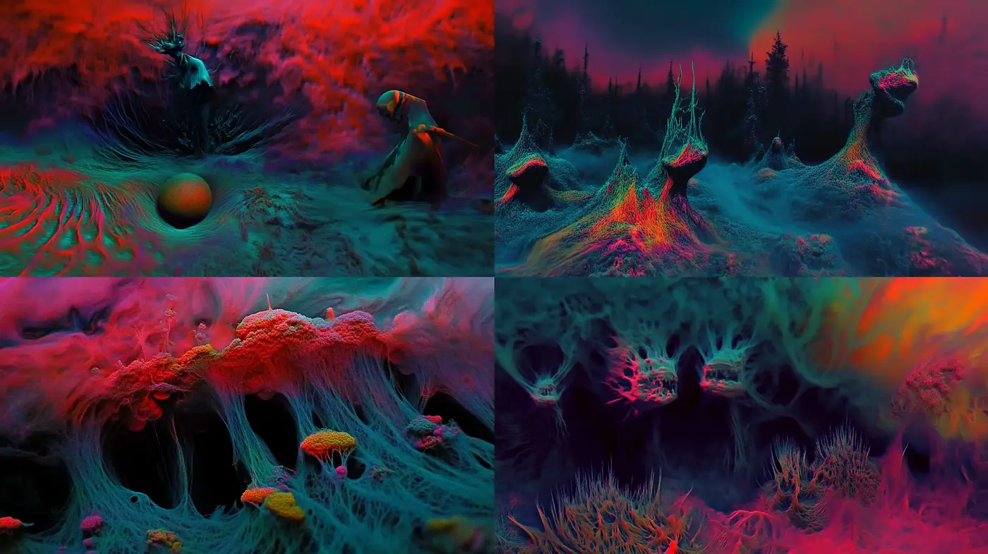 Surreal Dreamscapes with Vivid Contrasts and Ethereal Textures - Midjourney sref style