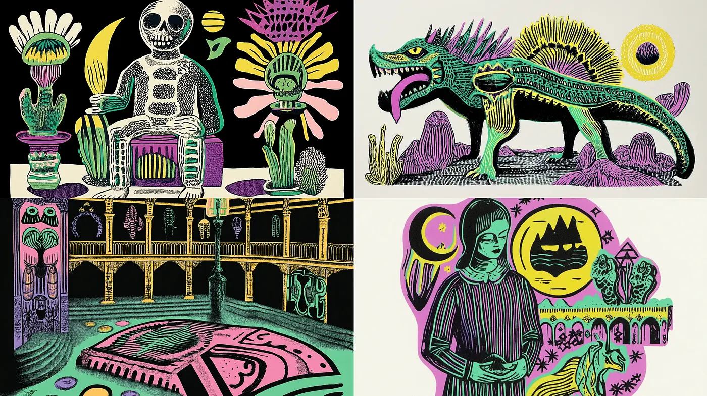 Eclectic Vibrancy: A Fusion of Graphic Linework and Luminous Hues - Midjourney sref style