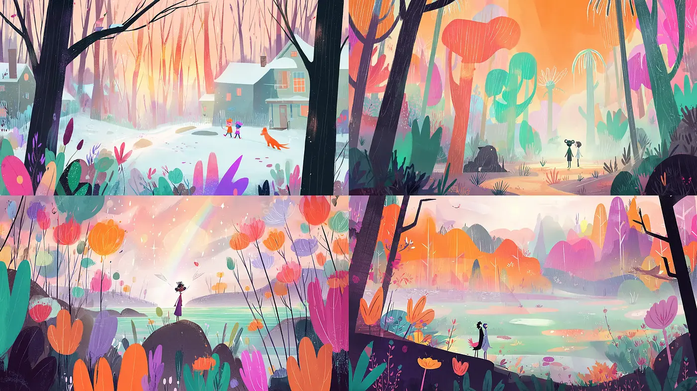 Vibrant, whimsical landscapes with playful flora and fauna - Midjourney sref style
