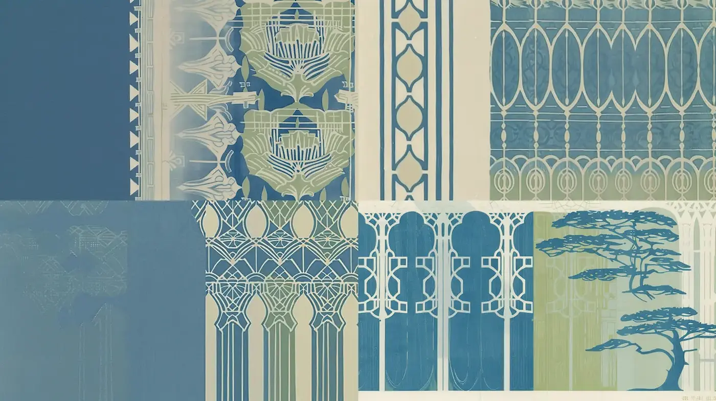 Stylized Art Nouveau Patterns with a Tranquil Aesthetic - Midjourney sref style