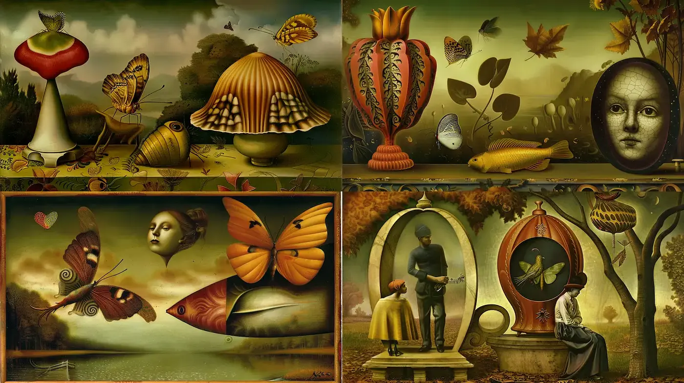 Surrealistic Dreamscapes Merging Nature and Emotion - Midjourney sref style