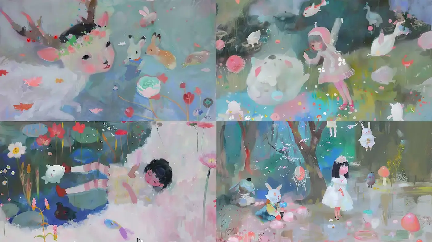 Dreamlike Whimsy with Soft Pastels and Playful Imagery - Midjourney sref style