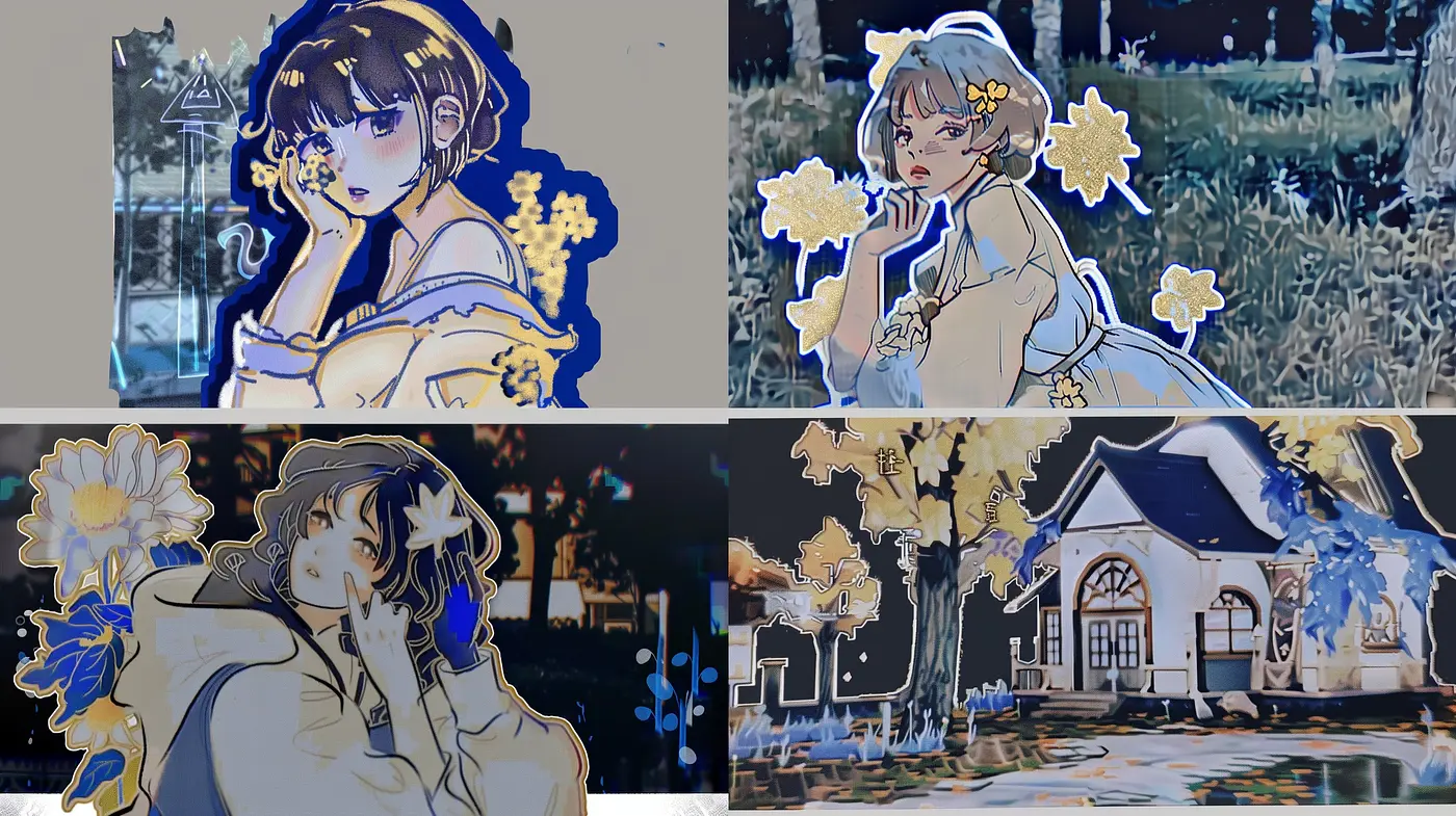 Stylized Anime-Inspired Illustrations with Contrasting Nighttime Hues and Gold Accents - Midjourney sref style