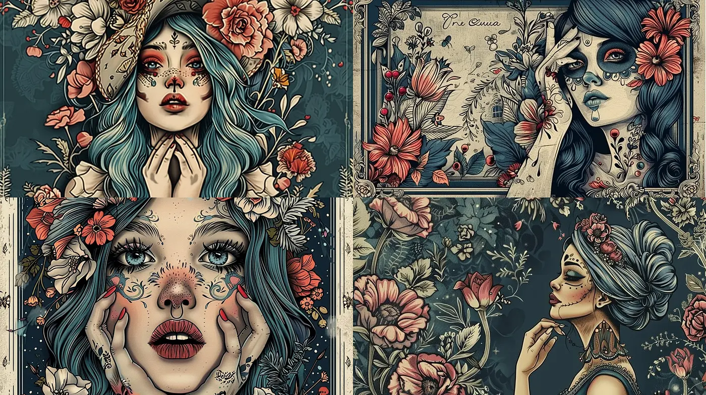 Floral Enchantment in Stylized Illustrative Elegance - Midjourney sref style
