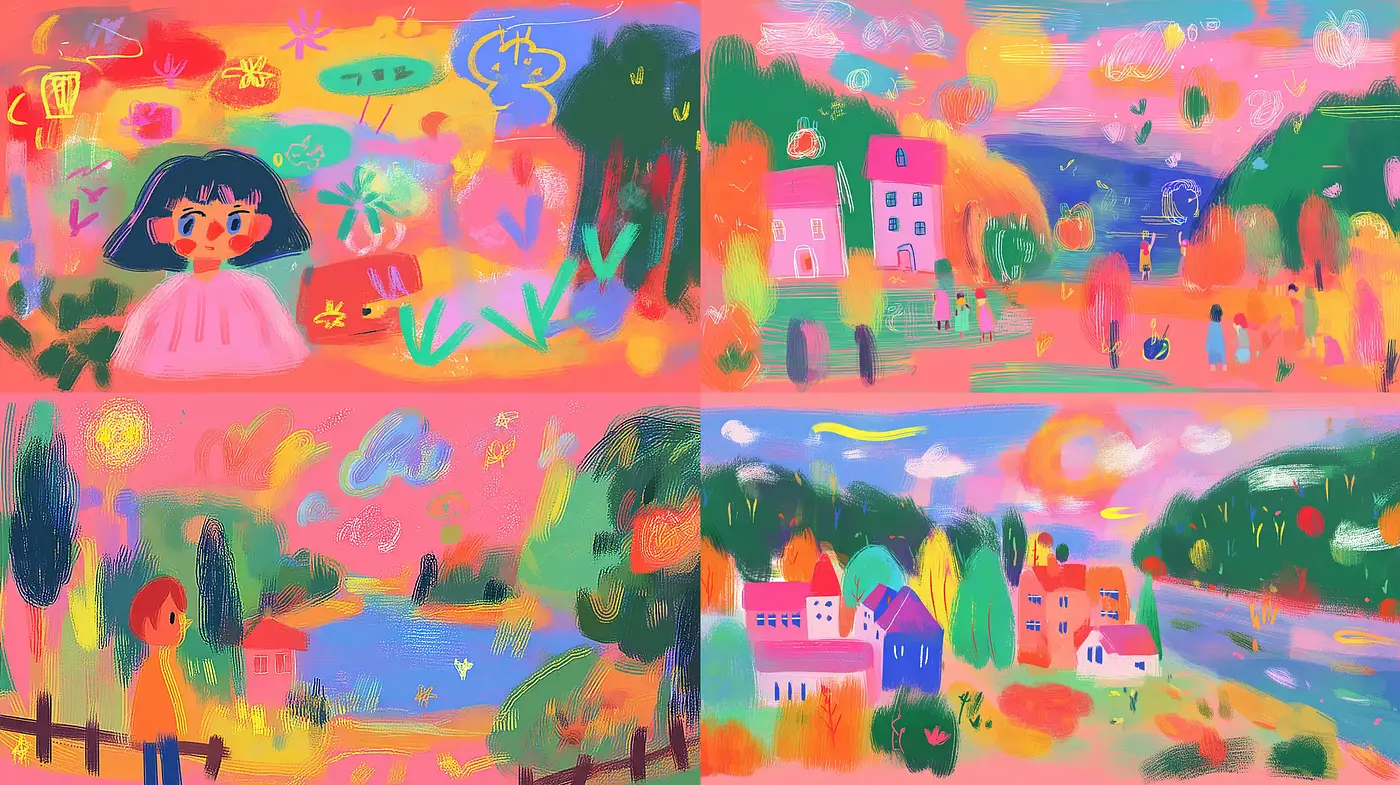 Vibrant and Whimsical Pastoral Scenes with Playful Characters - Midjourney sref style