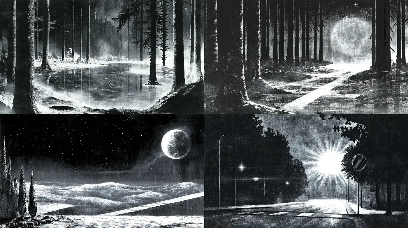 Monochromatic Nocturnes: Homage to Lunar Illumination through Forest and Field - Midjourney sref style