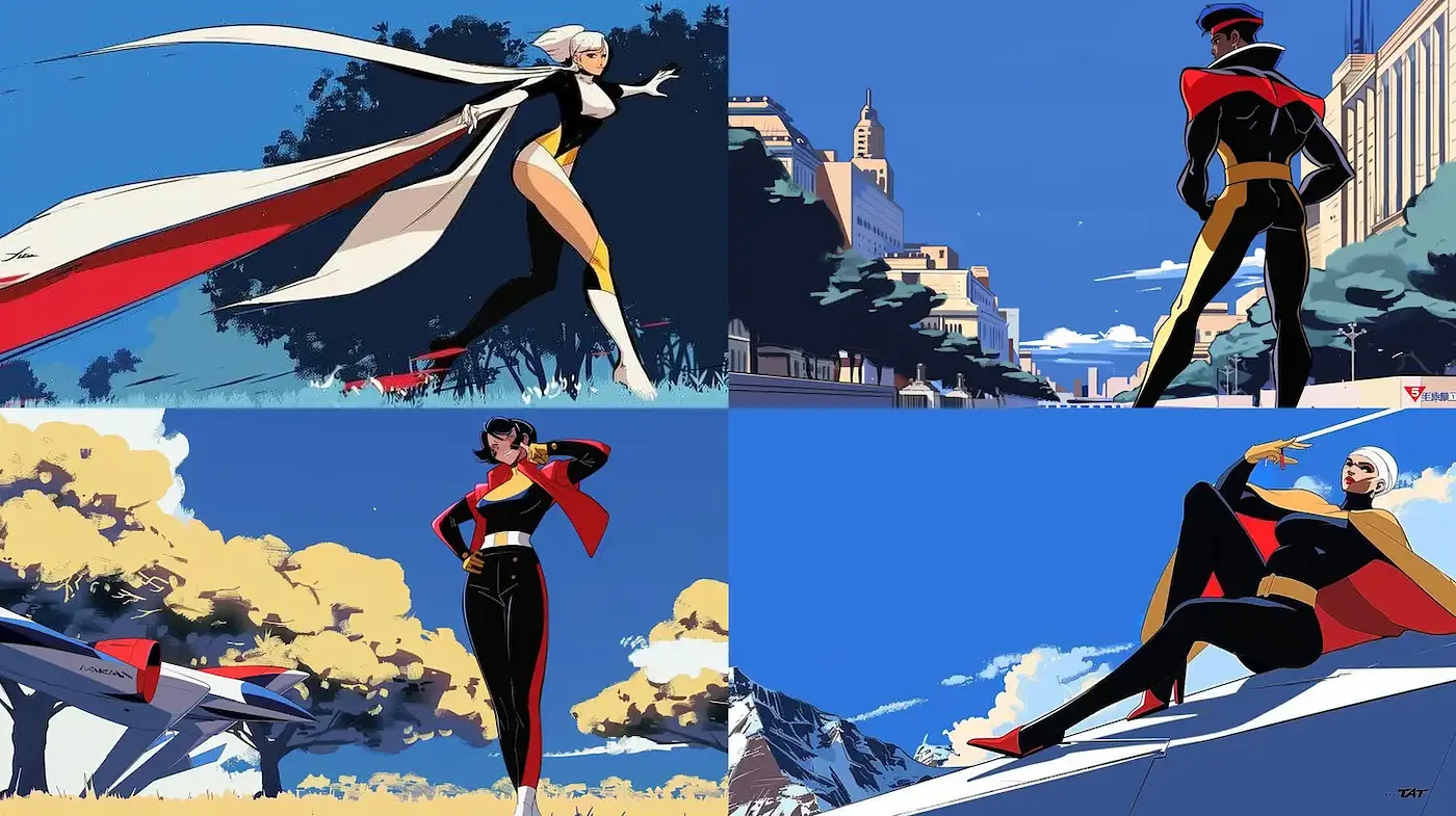 Dynamic and Vibrant Superhero Exploration in a Futuristic Setting - Midjourney sref style