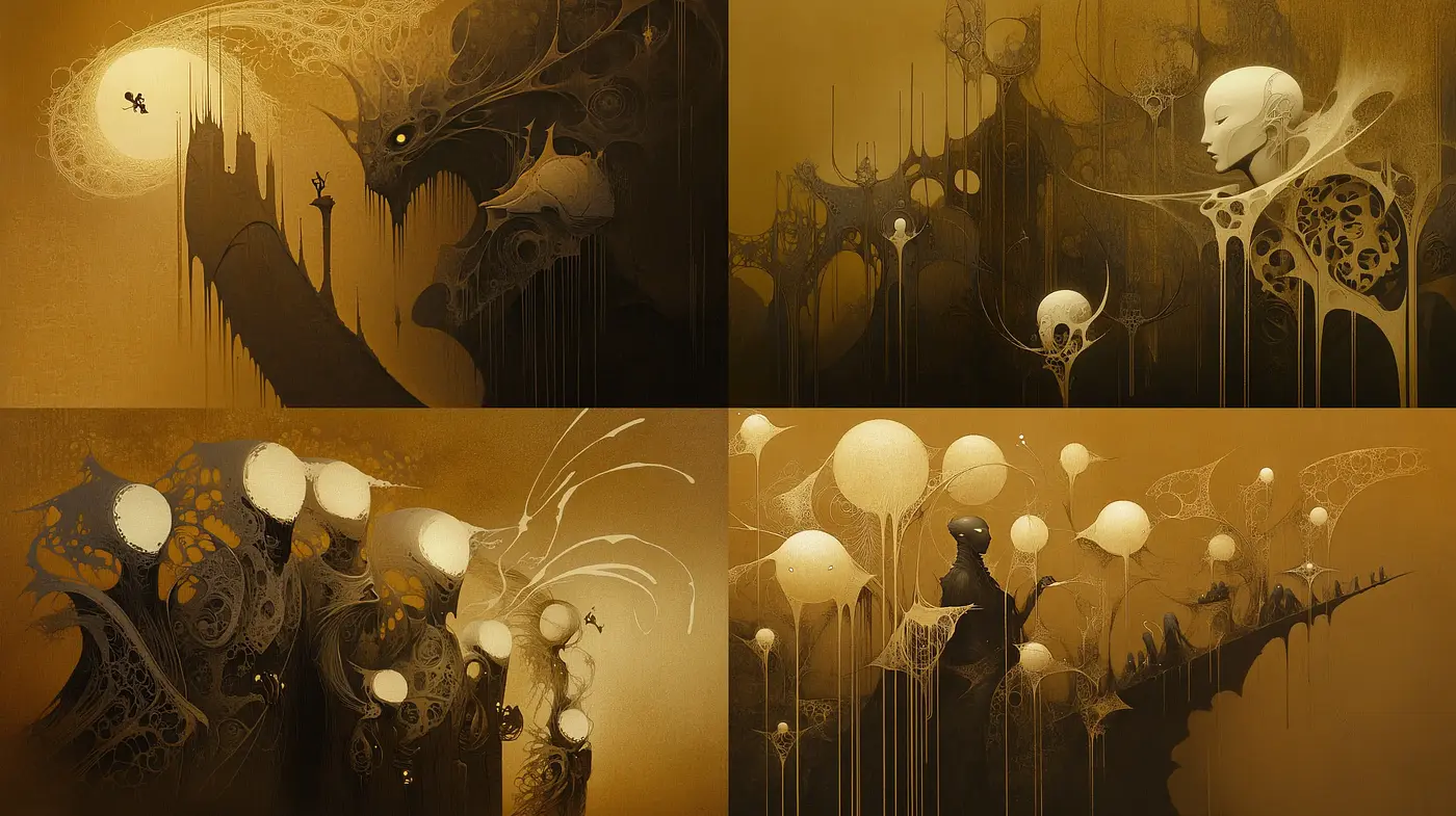 Surrealist Golden Dreamscape with Ethereal Figures - Midjourney sref style