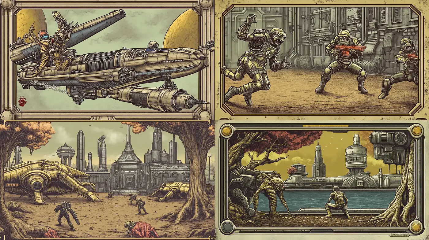 Retro-Futuristic Sepia Sci-Fi Illustrations - Midjourney sref style